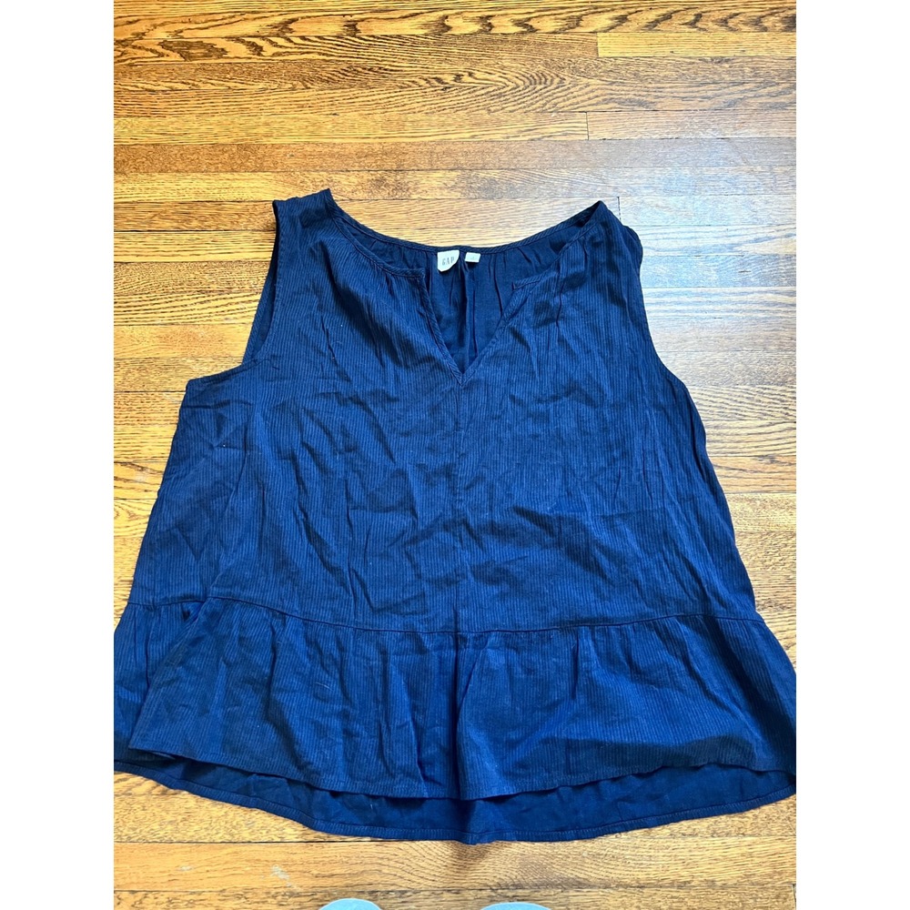 Gap Womens Navy Blue Split Neck Peplum‎ Sleeveless Blouse Top Large Cotton Rayon